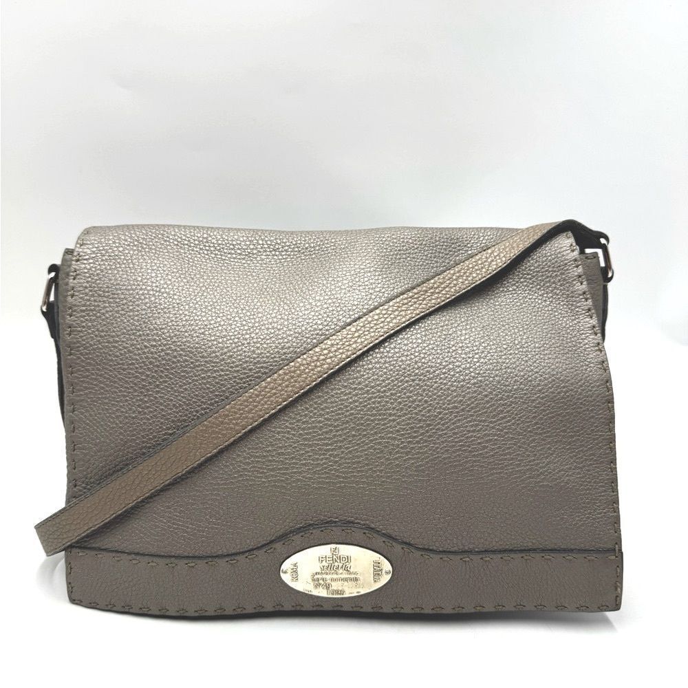Auth Fendi Metallic Grey Beige Selleria Leather Anna Crossbody Messenger Bag